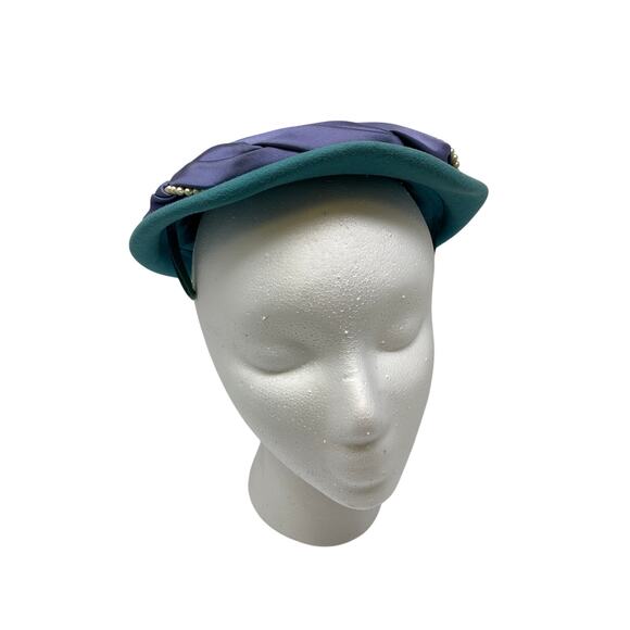 Glenover Henry Pollak Teal Blue Felt Hat Purple Ribbon Trim Vintage 1950s Cloche